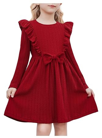 Arshiner Niñas Vestidos Mangas con Volantes Niños Pajarita de Punto Acanalado A-Line Fiesta Otoño Invierno Manga Larga Vestidos para Niñas 7-8 Años Rojo Oscuro