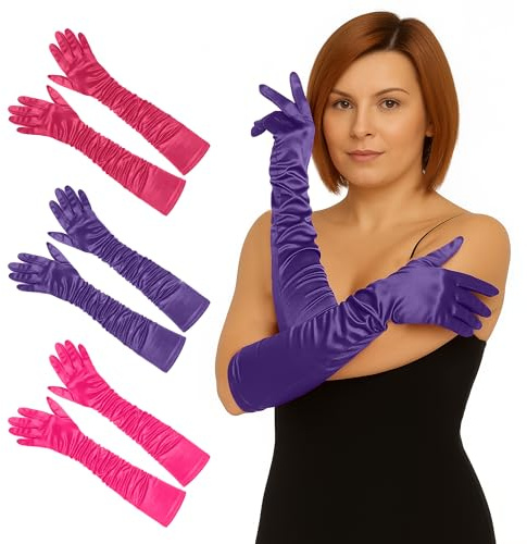 Womens Long Satin Gloves - Elbow Length Bridal Ruched Fancy Dress Wedding Evening Party Opera Gloves For Women UK, Purple, Raspberry, Fuchsia