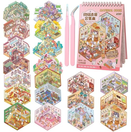 HTTDSLF 20 Sujets Autocollants de Scène, 3D Stickers Scene Miniature, Autocollants 3D House Sticker Cozy Stickers Book pour Soulager le Stress et Passer le Temps, avec 2 Pincette, Cadeau Parfait