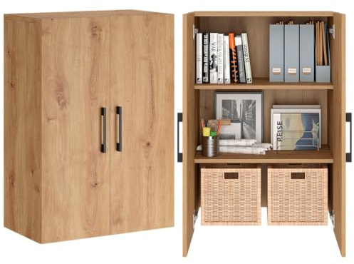 Bellamio Apol Mehrzweckschrank Eichenoptik – Büroschrank 60 cm breit – Aktenschrank aus Holz mit 3 Fächern – kleines Bücherregal mit 2 Türen für Flur/Wohnzimmer/Büro – Aufbewahrungsschrank 88 cm hoch