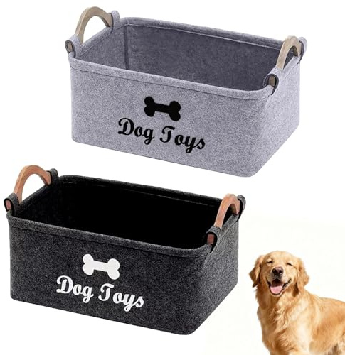 Zhixan 2Pcs Large Dog Toy Storage Box, Collapsible Dog Toys Basket with Sturdy Handles, Durable Felt Pet Toy Organizer for Home & Travel, 38x25x18cm (Black/Grey)