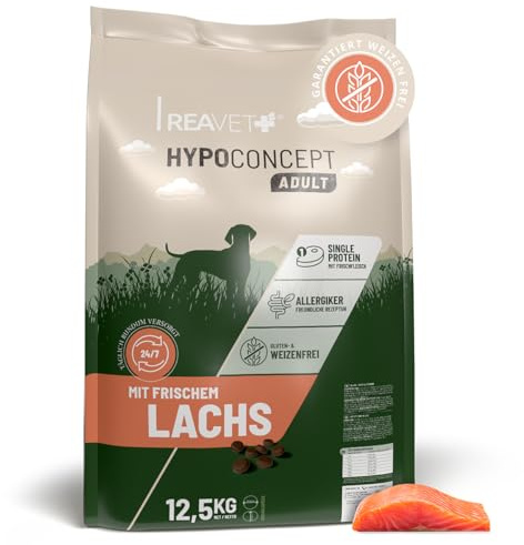ReaVET HYPOCONCEPT Torrfoder för hundar lax – Enskilt protein med färskt kött I vetefritt och utan socker, torrfoder för alla hundar och raser, även för känsliga hundar och allergivänlig I 12,5 kg