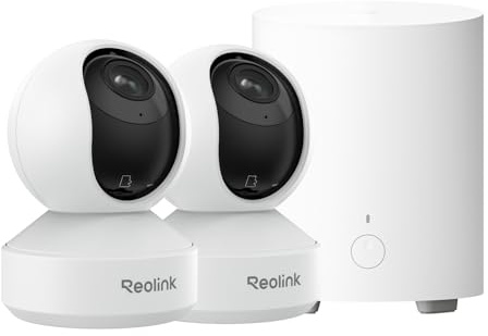 Reolink Home Hub Mini + 2× E1 Zoom，Cámaras 4K Interior con Giro/Inclinación，Zoom Óptico 3X, Detección de Llanto y Movimiento y Centro de Seguridad Todo en Uno con Almacenamiento Local y Acceso Remoto