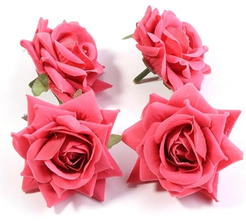 LOVSSU tygblommor 4 stycken konstgjorda blomhuvuden 7,5 cm rosor blommor för pyssel hem bröllop dekor gör-det-själv hårnålar klippbok corsage handgjort material (vattenmelon röd)