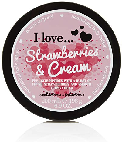 I Love Bodybutter mit Erdbeeren und Sahne, hergestellt aus 87% natürlichen Inhaltsstoffen, einschließlich Sheabutter und Kokosöl für weiche und hydratisierte Haut, feuchtigkeitsspendend und leicht