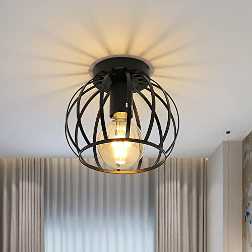 Pheashine Vintage Ceiling Light Semi Flush Mount Black Ceiling Light Fixture Metal Cage Ceiling Lampshade with E27 Holder for Living Room Kitchen Bedroom Hallway Courtyard
