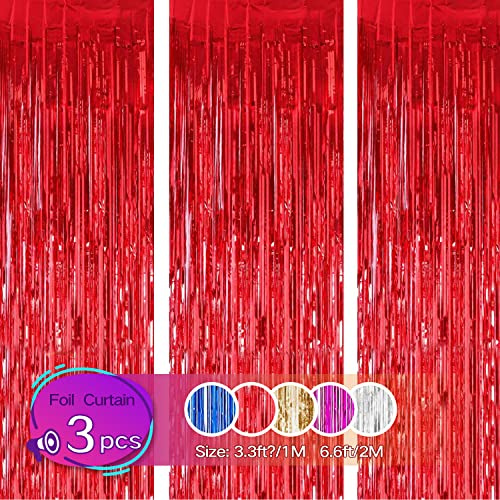Gulaey Lot de 3 rideaux à franges métalliques de 1 mx2 m,Décorations de fête,Rideaux à franges en aluminium,Décoration pour photo,Pour anniversaire, remise de diplôme, Halloween, Noël (rouge)