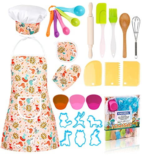 KAEGREEL Cucina Giocattolo per Bambini, 26Pz Set Utensili Cucina da Forno con Grembiule Unicorno/Cappello Chef/Cucchiai/Frullino, Regali di Ruolo da Chef per Ragazzi Ragazze 3+ Anni (Arancione)