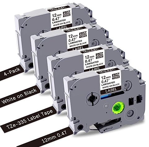 UNOKA TZe-335 Kompatibel für Brother P touch Bänder Weiß auf Schwarz TZe335, Tape Cassette 12mm 0.47, TZe Schriftband für Beschriftungsgerät P-touch CUBE Plus H107B H105 H110 P300BT D400 E100, 4 Pack