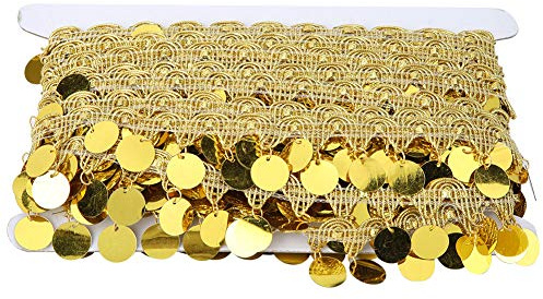 Borla de Lentejuelas Redonda de 10 Yardas, Cinturón de Borla de Danza del Vientre, Cadena de Borla para el Vientre, Bufanda de Cadera, Decoración de Borla, Suministros de Ropa Nacional(Oro)