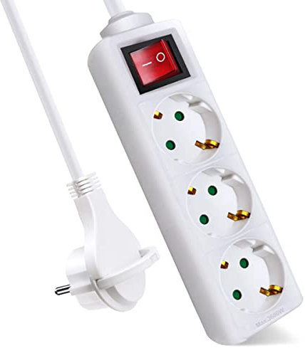 EXTRASTAR Regleta Alargador con 3 Enchufes e Interruptor, Cable 1.5M Clavija Plana, para el hogar, Oficina y Viajes, 16A, 250V, 3680W, Blanco