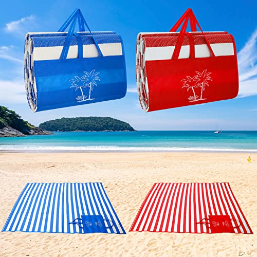Woanger 2 Pieces Tatami Straw Ground Mat Foldable Waterproof Handy Mat with Strap Portable Straw Beach Mat RV Outings Camping Outdoor Travel Hiking Lawn, 60'' L x 78'' W, Red and Blue