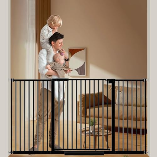 DEARBB Extra Wide Baby Gate Ultra Narrow Spacing 30.11-77.36 Pressure Mounted Double Lock Swing Auto Close Walk Through Metal Safety Pet Gate for Stairs and House Doorway Kitchen