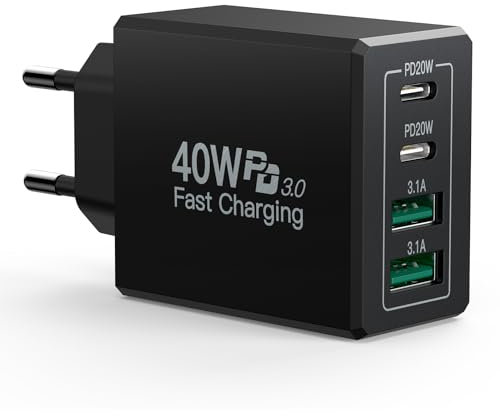 Chargeur USB C 40W 4-Port Prise USB C Chargeur iPhone Rapide Bloc Secteur Multiple USB Type C PD+QC Adaptateur pour iPhone 17 16 15 14 13 12 11 Pro Max XR XS X 8 Plus Se, iPad, Samsung Galaxy, Pixel