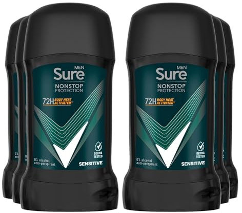 Sure Antiperspirant Deodorant Stick Sensitive 72H Nonstop Sweat and Odour Protection Roll On with Citrusy, Spicy and Woody Scent Deodorant for Men, 50ml Pack of 6