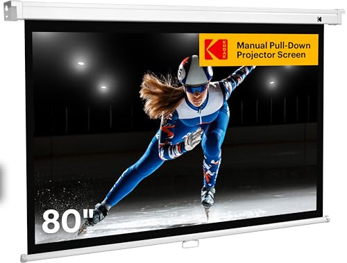 Kodak Manual Pull-Down White Projector Screen 80 Inch | Large 16:9 Office, Home Movie Theater Screen with Wall & Ceiling Mount Options, Easy-Clean Matte Fabric & Retractable Hanging Design | Indoor.
