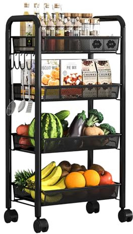 HYPIQQ Schlanker Aufbewahrungswagen Gemüseregal Kleines Regal Gemüseregal Für Küche Aufbewahrungswagen Gemüseregal Auf Rädern,Schwarz,4 Tier