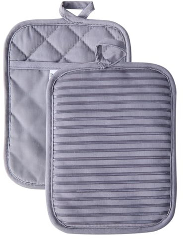 Kitchen Everyday Basic Topflappen, hitzebeständig, Untersetzer, weiches Silikon, wasserabweisend, Topflappen-Set, Ofenhandschuhe mit Tasche, 2-teiliges Set, 17,8 x 22,9 cm, Grau