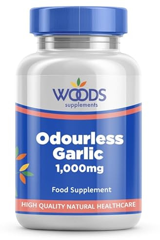 Woods Supplements - Odourless Garlic 1000mg Capsules (90x) | High Strength Garlic Extract. Whole Garlic Equivalent Sustainably Harvested. Easy to Swallow Capsules. Food Supplement for Men and Women