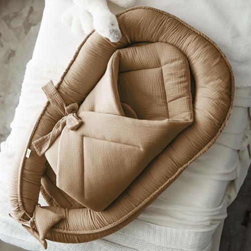 PaLulli® Set 2in1 Babynest und Einschlagdecke, 100% Musselinn, Baby Nestchen Set, Babynestchen - Baby Erstausstattung Babynestchen Neugeborene, Babynester Junge - mädchen (Braun)