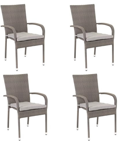 LOLAhome Pack 4 Sillas de ratán Resistente con Cojín Impermeable | Apilables, con Brazos | De ratán Gris Taupe | para Exterior, balcón, terraza y jardín | Marlene