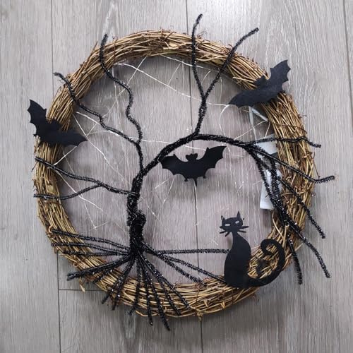 Lys svart fladdermus kattkrans | halloween krans dörrdekorationer | upplysta kransar för ytterdörren | halloween dörrkransar med kattträ | halloween hängande