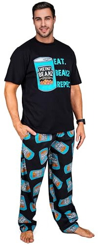 Heinz Pigiama Uomo Set Pigiami con Maglietta Pantaloni Lunghi Morbido Abbigliamento da Casa Baked Beans Regali Uomo Divertenti (L, Nero)