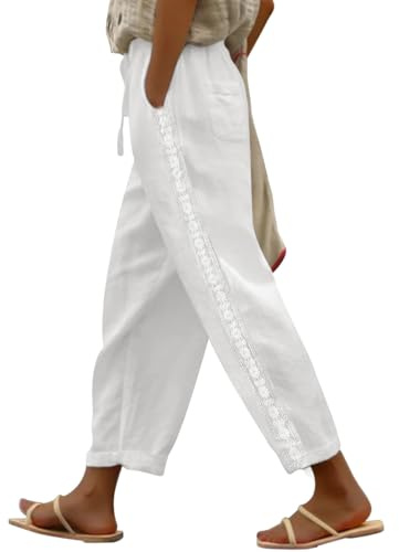Puimentiua Women Linen Pants Lightweight Pants with Lace Side Summer Casual Beach Drawstring Elastic Waist Trousers White