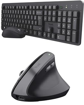 Trust Ymo II Pack Clavier AZERTY Français et Souris sans Fil Silencieux + Yuno Souris Ergonomique Verticale sans Fil Rechargeable, Set pour PC Ordinateur Portable Windows Mac - Noir