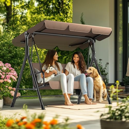 Balançoire Hollywood 3 Places avec Toit réglable｜Balancelle en Acier Robuste, résistante aux intempéries, Charge maximale 200 kg｜Banc de balançoire pour Jardin｜Marron foncé