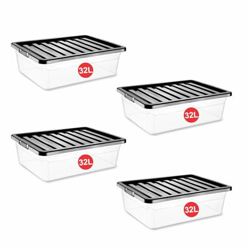 RelianceUK 4 X 32Litre Plastic Storage Box with lid Under bed - Nestable, Stackable, Durable Underbed Large Containers for Home and Office - (32L / 4 Pack) Clear Plastic Boxes Made in U.K.