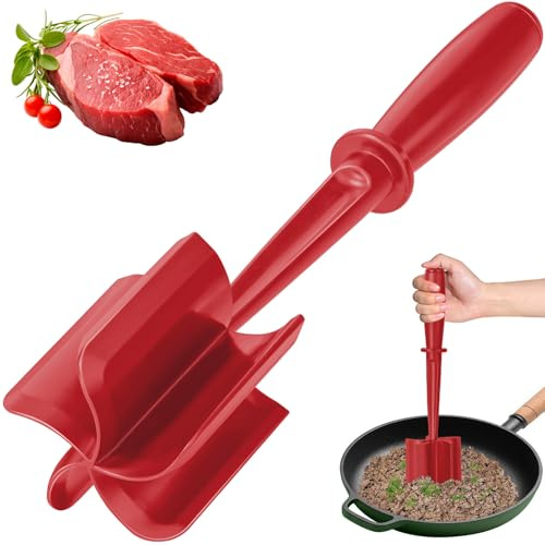 Mince Masher, Ground Beef Meat Masher with 5-Blade Head, Versatile High-Temp Heat-Resistant Hamburger Meat Chopper, Non-Stick Mince Meat Shredder for Ground Turkey/Beef, Nylon Utensil Cookware, Red