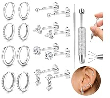 ADRAMATA 18PCS 16G/20G Helix Piercing Jewellery Surgical Steel Threadless Push in Labret for Lip/Nose Hypoallergenic Huggle Hoops Flat Back Earrings Set Conch Cartilage Tragus Piercing Jewellery