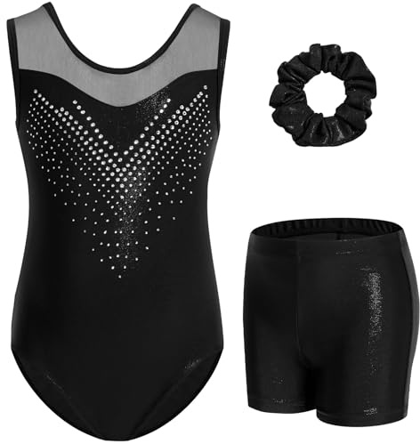 Gogokids Girls' Sleeveless Rhinestone Gymnastics Set, 3 Piece Kids Leotard with Shorts and Hair Tie, Mesh Spliced Neckline Gymnastics Clothing for Girls Age 3-12