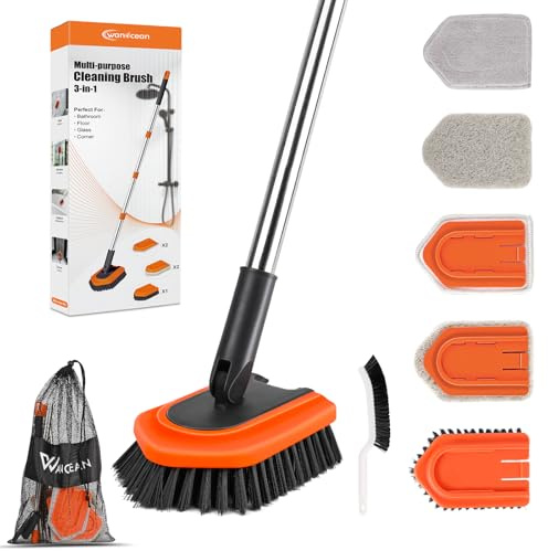 Cepillo Limpiador de Ducha, Cepillo de Limpieza 3 en 1 para Azulejos, bañera y Suelos, con Mango de 134 cm de Largo, Herramientas de Limpieza con 3 Cabezales de Accesorios para baño, Cocina, Tina