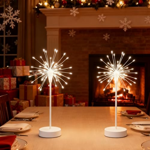 Nest and Flowers Table Lights Fireworks, Nestandflowers Mini Table Starburst Silver, Christmas Decorations Starburst Light, 100 LED Fairy Lights, for Holiday Decoration (Warm,2pcs)