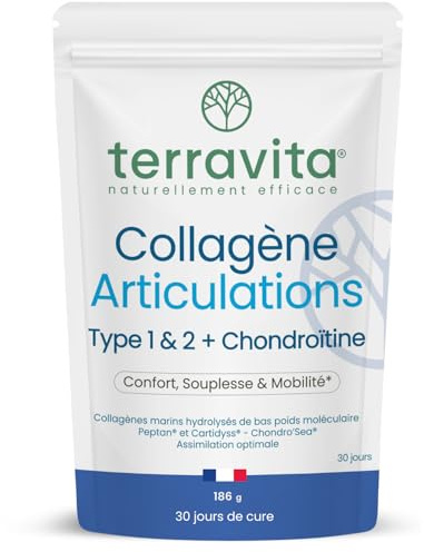 Collagène Articulations en Poudre | Peptides de Collagène Marin Peptan® & Cartidyss® Types 1 et 2 + Chondroïtine Chondro’Sea® + Vitamine C | 30 Jours de Cure | Made in France | Terravita