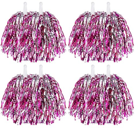 DXPETA Pom Poms Cheerleading, Pink Pom Poms for Dance Accessories, Cheerleader Pom Poms for Cheerleading, Set of 4 Pairs with Pink and Silver Design, 30 Gram Weight