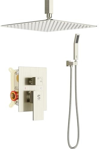 SR SUN RISE 12 Inch Ceiling Mount Brushed Nickel Shower System Bathroom Luxury Rain Mixer Shower Combo Set Ceiling Rainfall Shower Head System Faucet Trim Repair Kits with Rough-in Valve and Trim