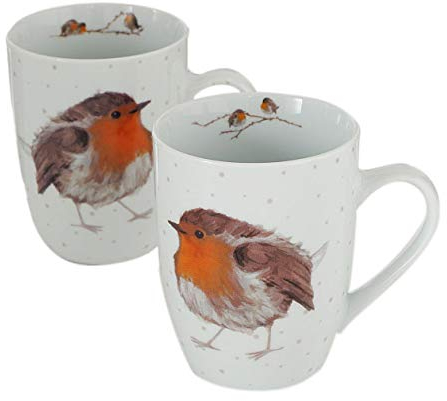2 Stk Kaffeetassen 330ml ROTKELCHEN Robin Tassen Porzellan Glühweintassen Kaffeebecher Tasse Waldtiere Vögel Jumbobecher Vintage Emaille
