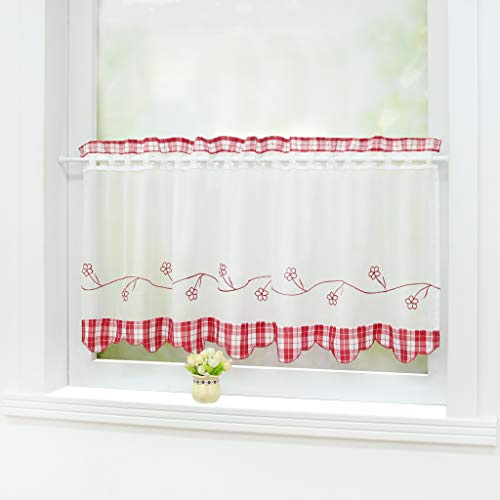 Joyswahl Helene Rideau Brise-Bise Perforé Transparent Passe Tringle Etoffes à Carreaux Maison de Campagne Rouge HxL 45x90CM