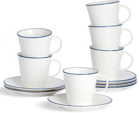 Nicola Spring 12 Piece White Farmhouse Teacups & Saucer Set - 270ml Espresso Cup and Saucer Coffee Cappuccino Mugs Latte Drinking Mug Tea Plates