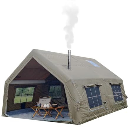 Sport Tent 4 Season 6-8 Person Deluxe Army Air Tent with Separate Living And Sleeping Area,3000mm Waterproof Large Inflatable Tent with Stove Jack Hole and Pump for Camping Tent,Quick to set up