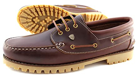 Scarpe da barca da uomo in vera pelle, colore marrone, classiche, 3 eye boat shoes, taglia 47 + 48, marrone, 47 EU