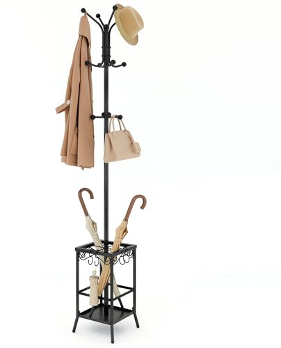 Hoctieon Coat Rack Freestanding, Coat Tree with Umbrella Holder, Metal Coat Rack Stand with 12 Hooks, Standing Coat Hanger Stand, Umbrella Stand for Entryway, Hat Rack Stand for Home Office, Black