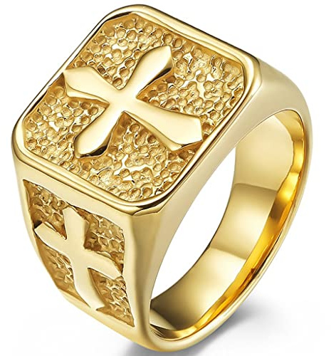 Jude Jewelers Stainless Steel Signet Style Christian Cross Religious Cocktail Party Biker Statement Wedding Ring (Gold, 8)
