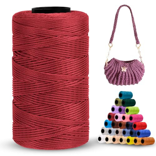 LEREATI Polyester Garn 1mm x 230m Makramee Garn 1mm Baumwollgarn Macrame Cord Polyester-Seil Baumwollkordel für Handtasche, Umhängetasche, Häkeltasche, Strickwaren (Fuchsie)