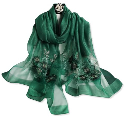 LumiSyne Foulard Soie De Mûrier Écharpe En Mousseline De Soie Femme Fleur En Broderie Perlée Tulle Transparent Léger Doux Écharpe Longue Châle De Protection Solaire Étole De Mariage Printemps Automne