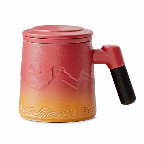 Webao Tekoppar med sil och lock, 360 ml matt keramisk tekopp med gradient präglat mönster, trähandtag temugg för teälskare presenter, röd och orange