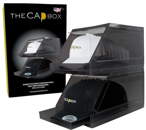 The CapBox 2.0 - Contenitore impilabile per cappelli da baseball, in plastica nera, confezione da 2, con cassetto scorrevole e connettori anti inclinazione (nero)